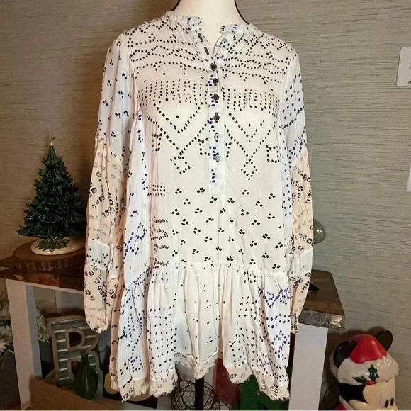 Free People Shibori Ivory Print Long Sleeve Button-Up Tunic Dress Womans Size XS - Picture 11 of 11